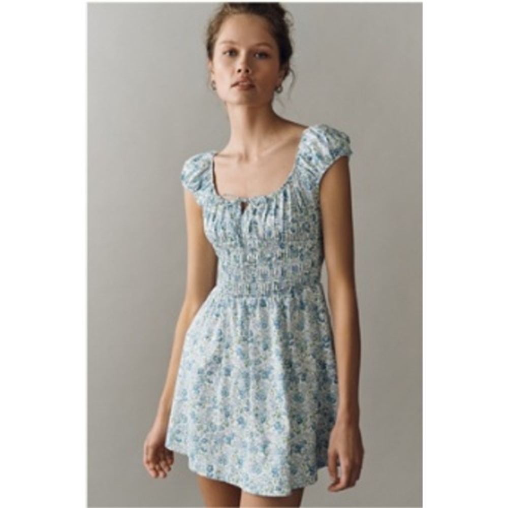 Anthropologie Cotton Smocked Mini Dress Blue Print, XL NWT